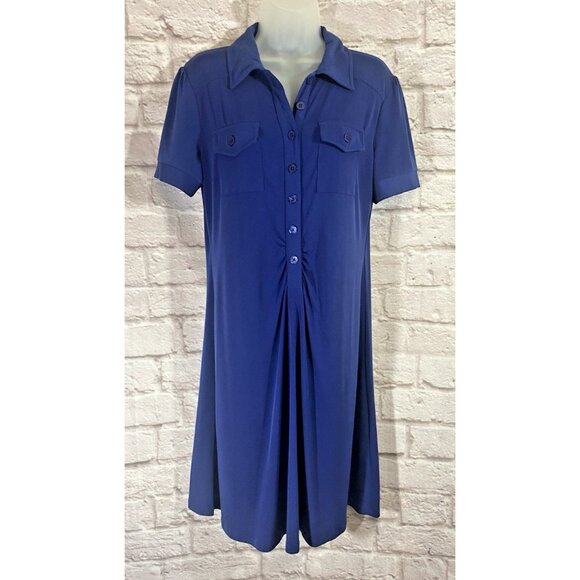 Y2K Dress Womens Size Large New York Company Stretch Cobalt Blue Pockets Buttons - Picture 1 of 10